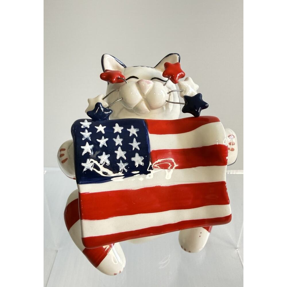 Vintage AMY LACOMBE 2001 Whimsical Cat AMERICAN FLAG 4th Of July RARE Signed